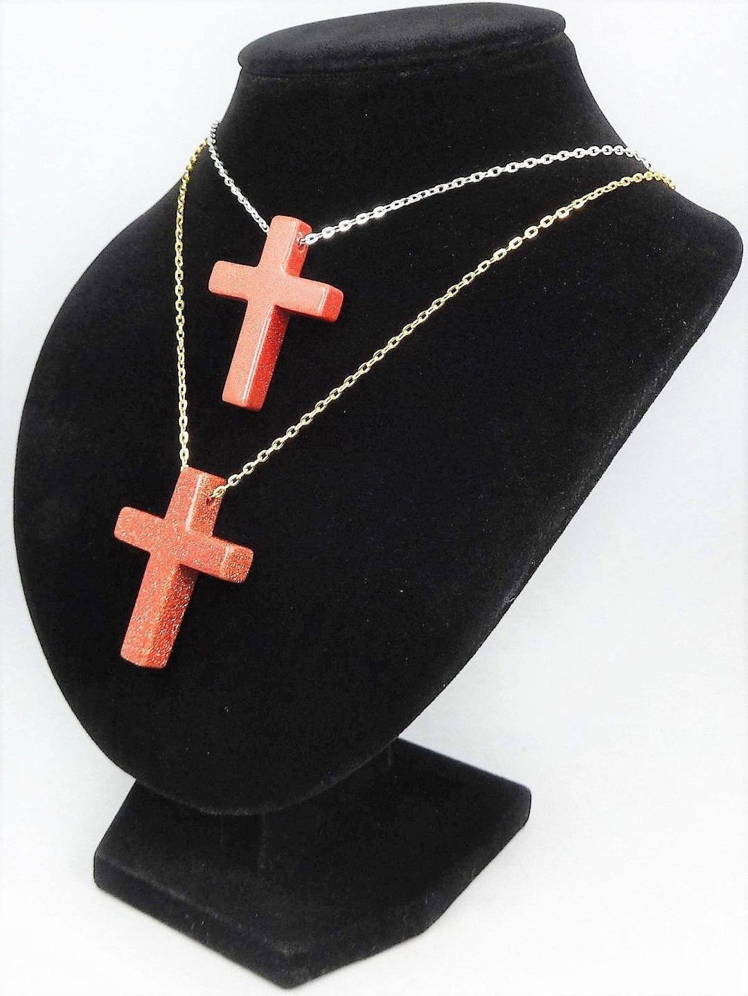 Cross Necklace - Large Red Goldstone Pendant - 2mm Drilled Gemstone Bead - Colored Glass Beads (Z21) Spiritual Polished Stones Faith Charm