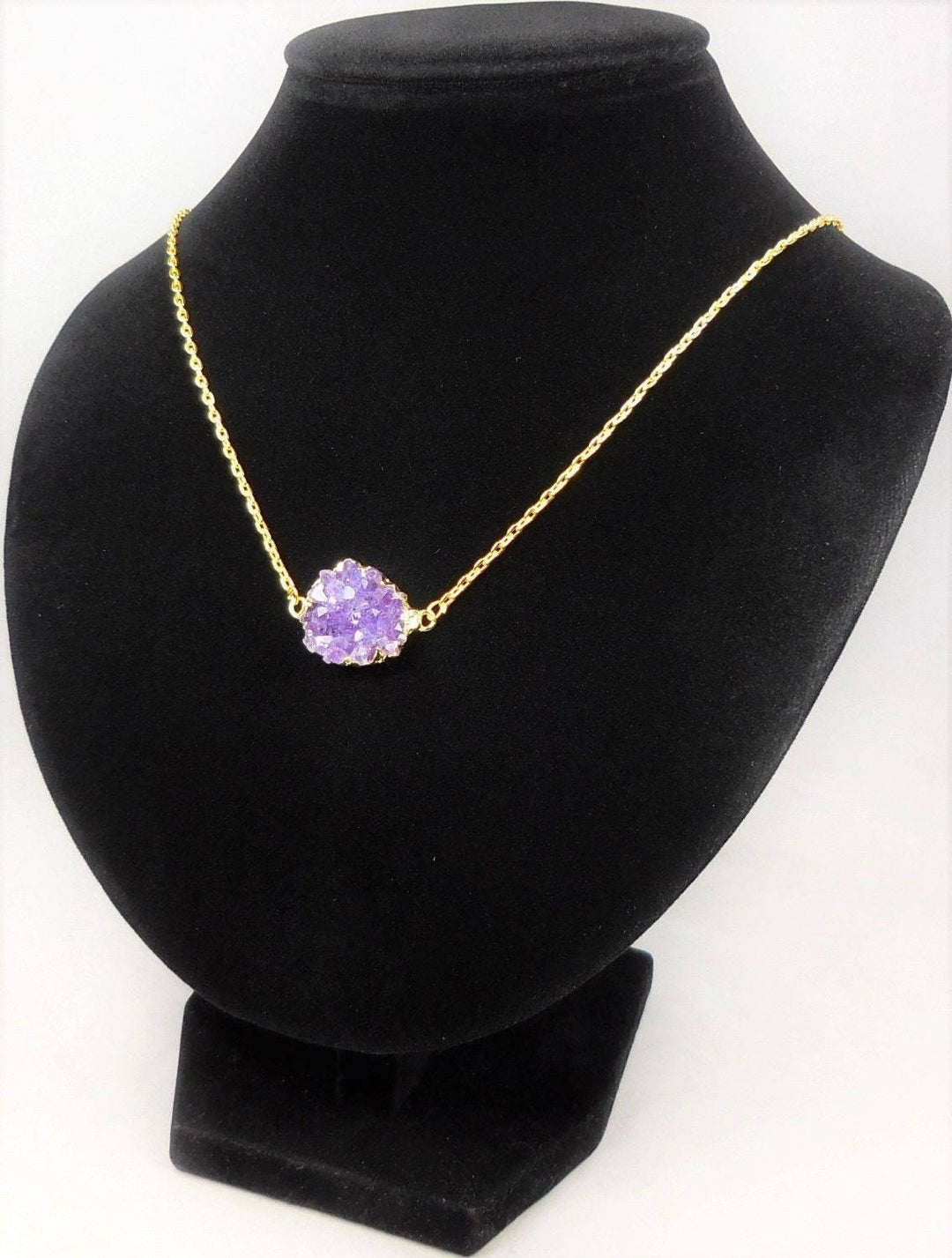 Druzy Amethyst Necklace - Petite Purple Crystal Cluster Connector Pendant - Gold Plated