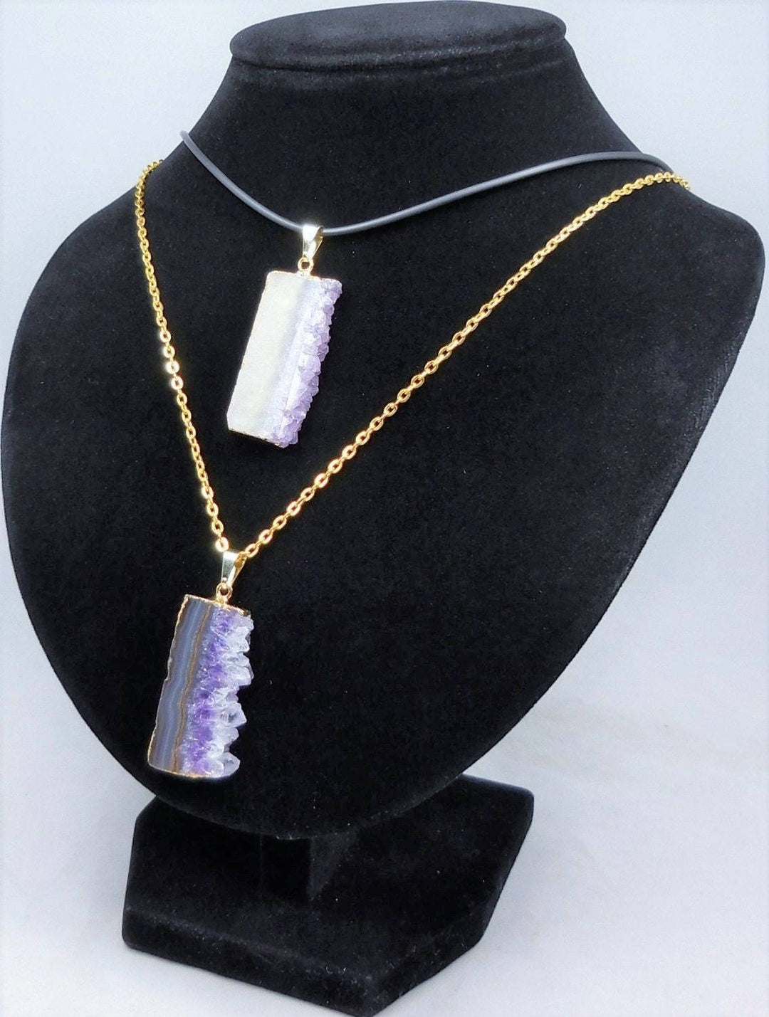 Amethyst Necklace - Purple Druzy Crystal Slice Pendant - Gold Plated Gemstone Slab
