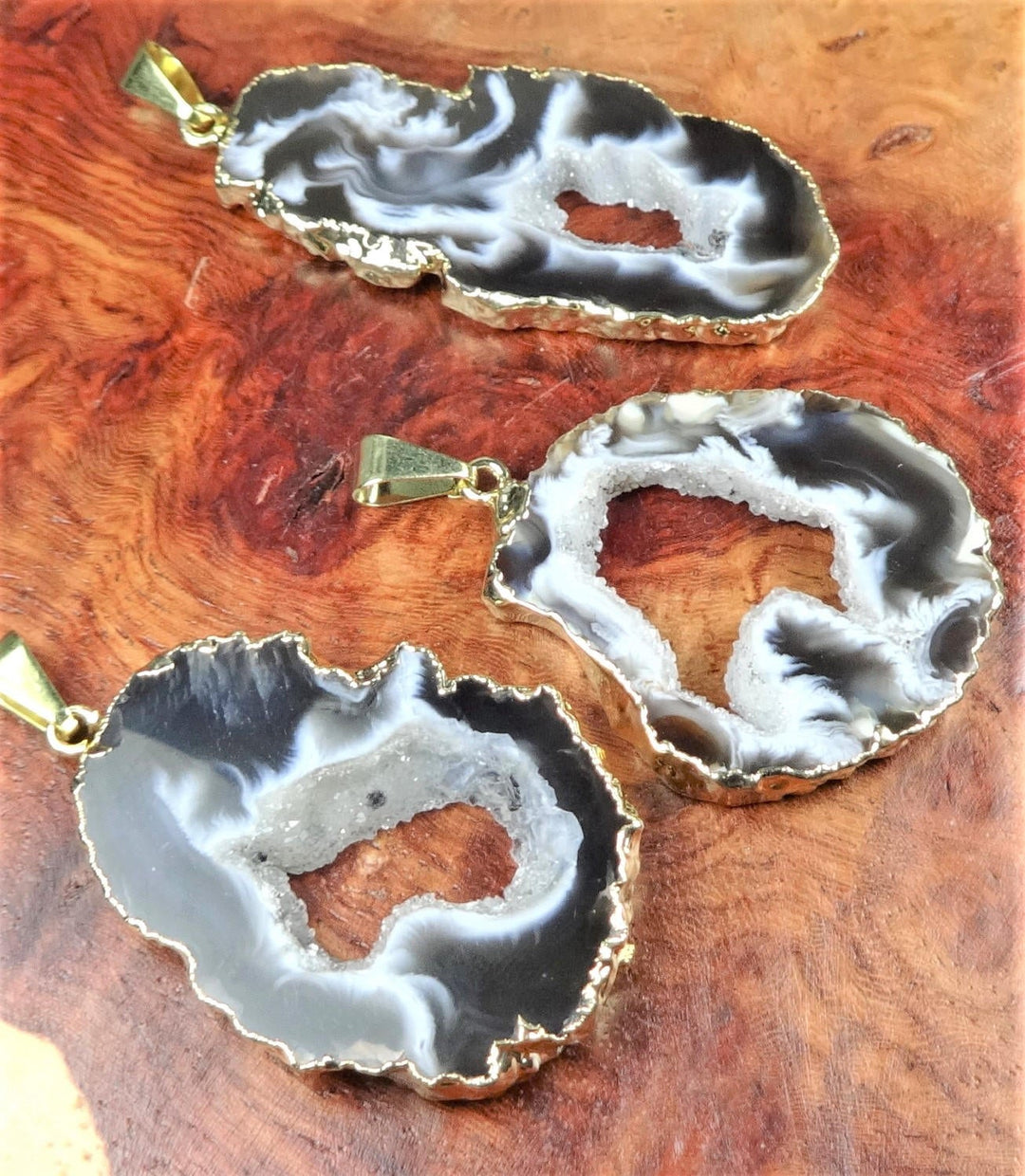 Bulk Wholesale Lot Of 5 Pieces - Oco Geode Slice Pendant - Gold Plated Crystal Slab Charm Bead Necklace Supply
