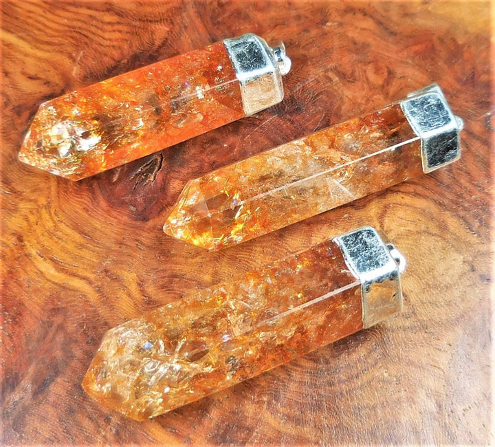 Orange Crackle Quartz Crystal Point Necklace Pendant - Silver