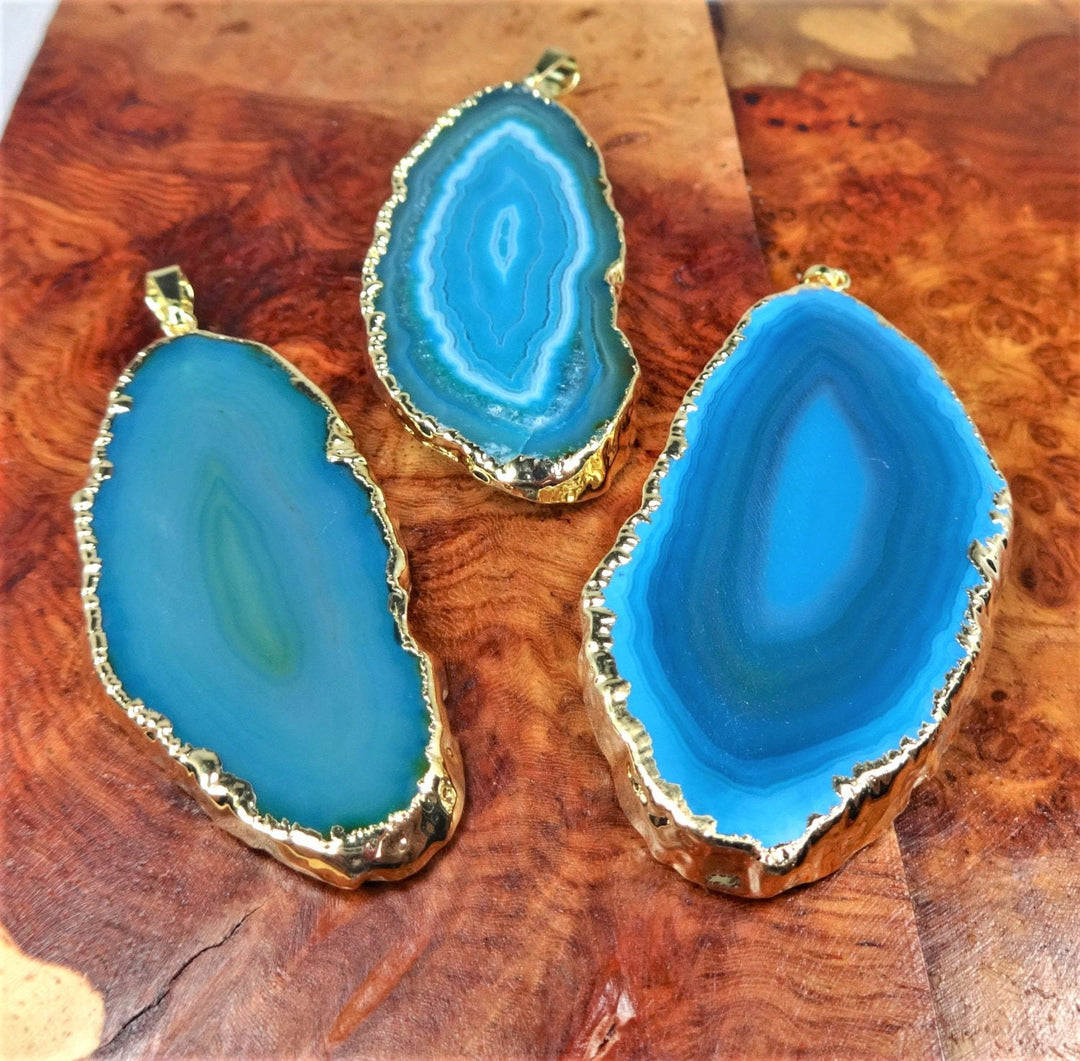 Agate Slice Pendant (Teal, w/ Gold Edges) Crystal Necklace Jewelry Supply