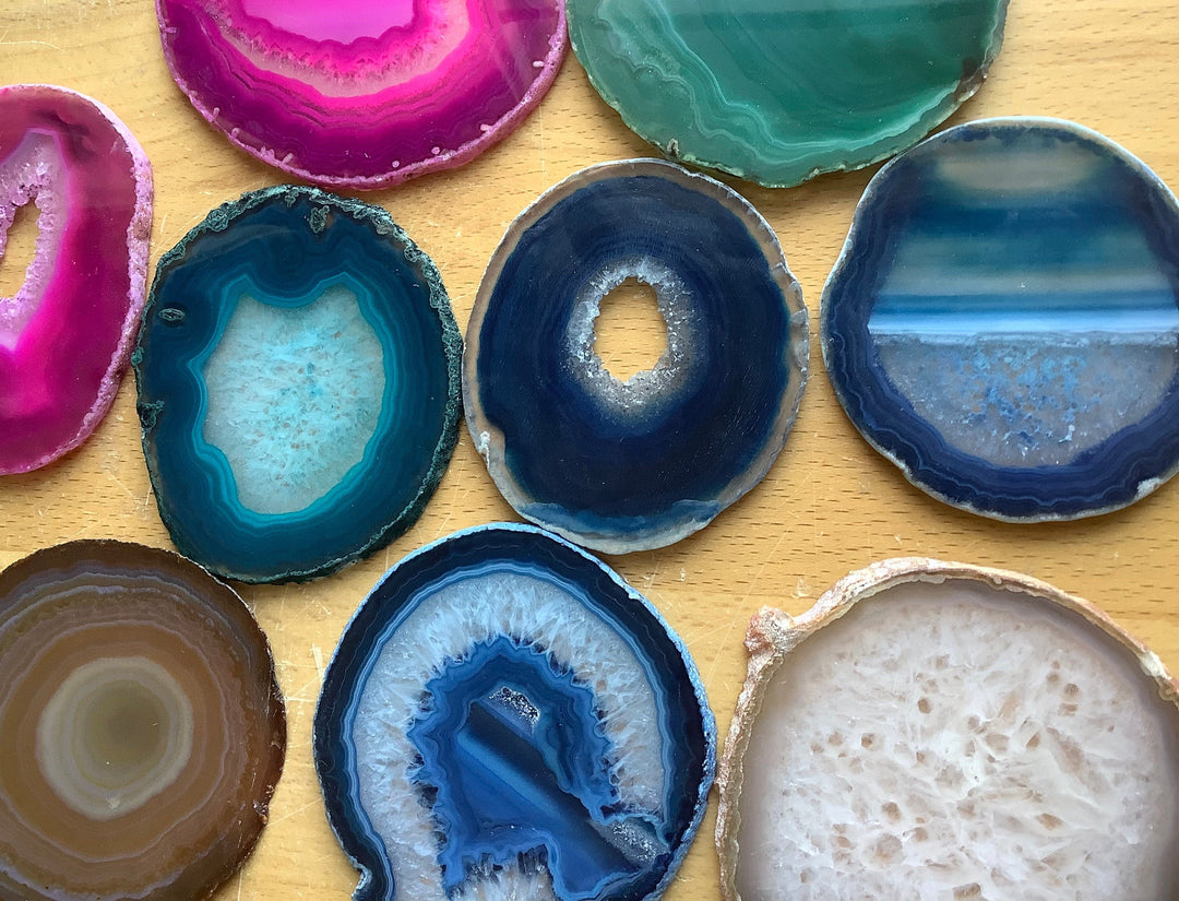 Agate Slice ( 4.5 - 5 Inches Long ) Size #5 Grade A Round - Natural Crystal Slab - Polished Sliced Agates Escort Place Card Coaster