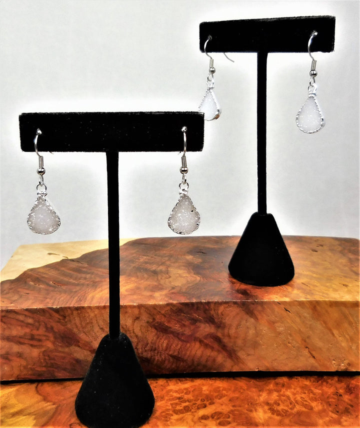 Druzy Agate Crystal Teardrop Earrings - Silver