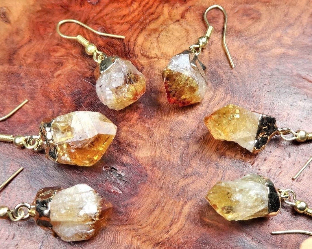 Citrine Crystal Point Earrings - Gold