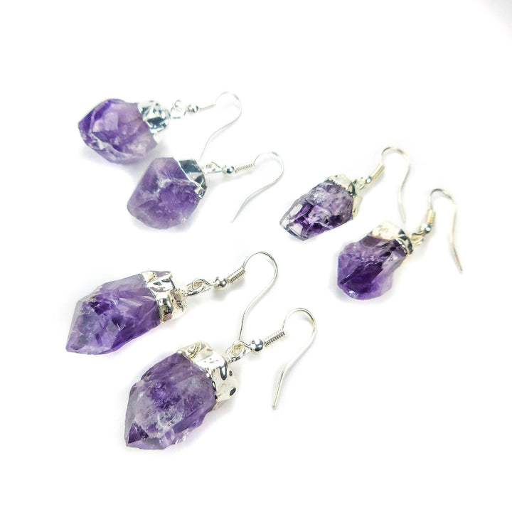 Silver Amethyst Crystal Point Purple Earrings