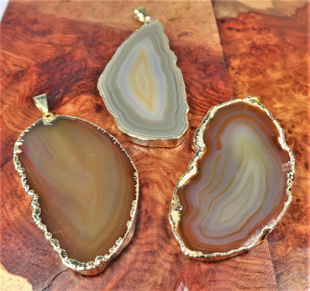 Beige Brown Agate Slice Pendant Gold Plated Necklace Charm Healing Crystals And Stones