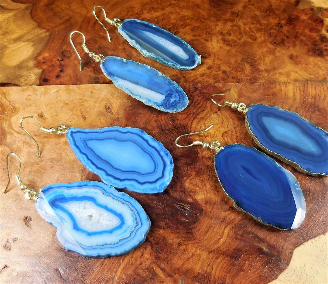 Blue Agate Slice Earrings Gold Hooks