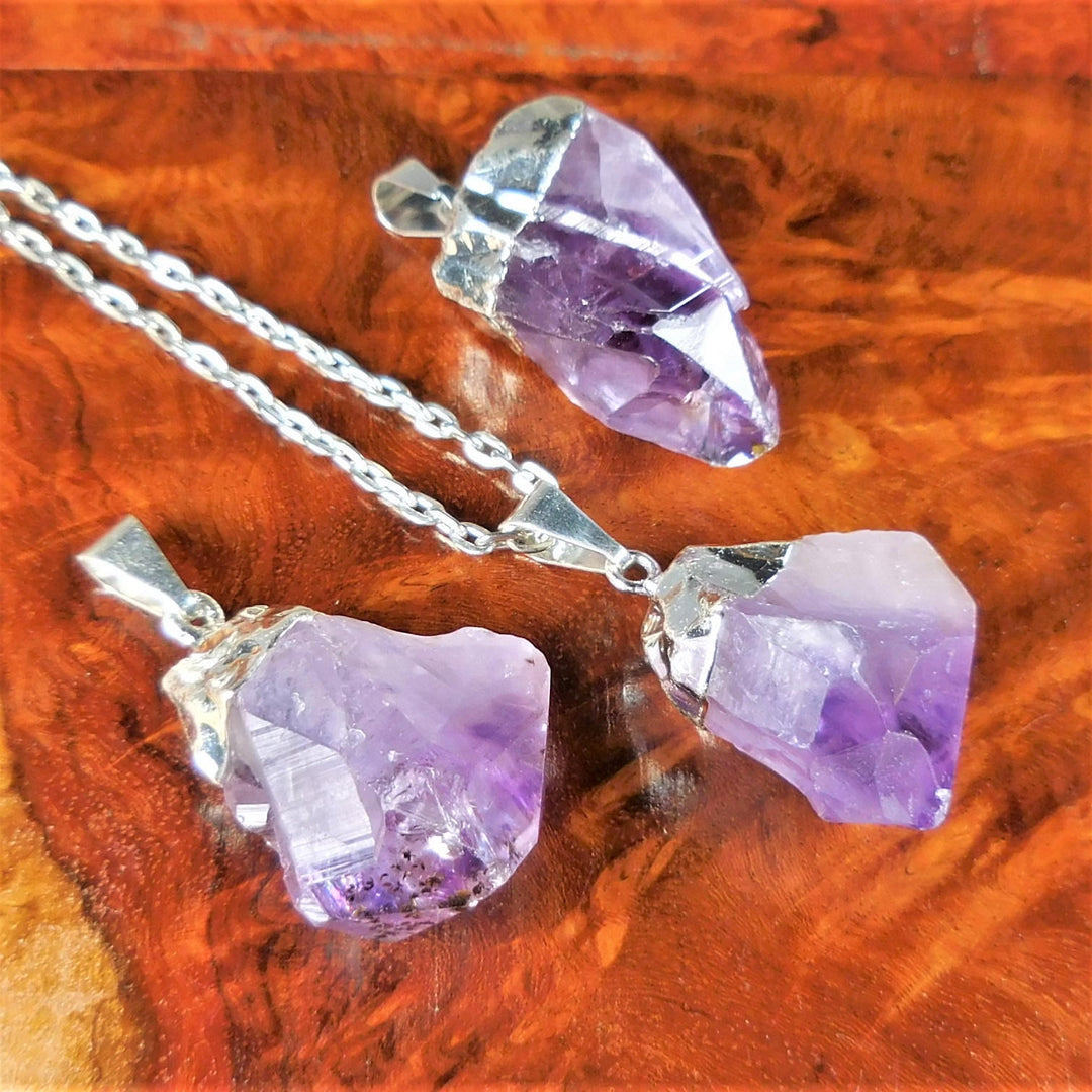 Amethyst Crystal Pendant Silver Plated Natural Raw Point Necklace