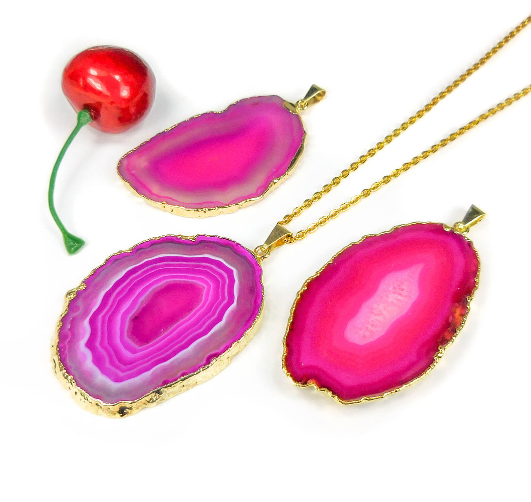 Pink Agate Slice Necklace Pendant Gold