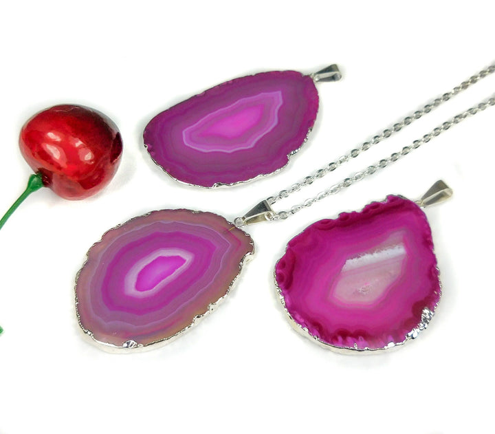 Agate Slice Necklace - Pink Crystal Slab Pendant - Natural Silver Plated Gemstone Jewelry