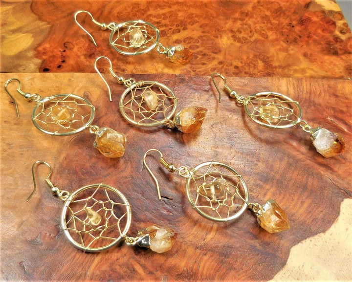Dream Catcher Earrings Citrine Crystal Point Gemstone Gold Hooks Jewelry (LR39) Healing Crystals And Stones