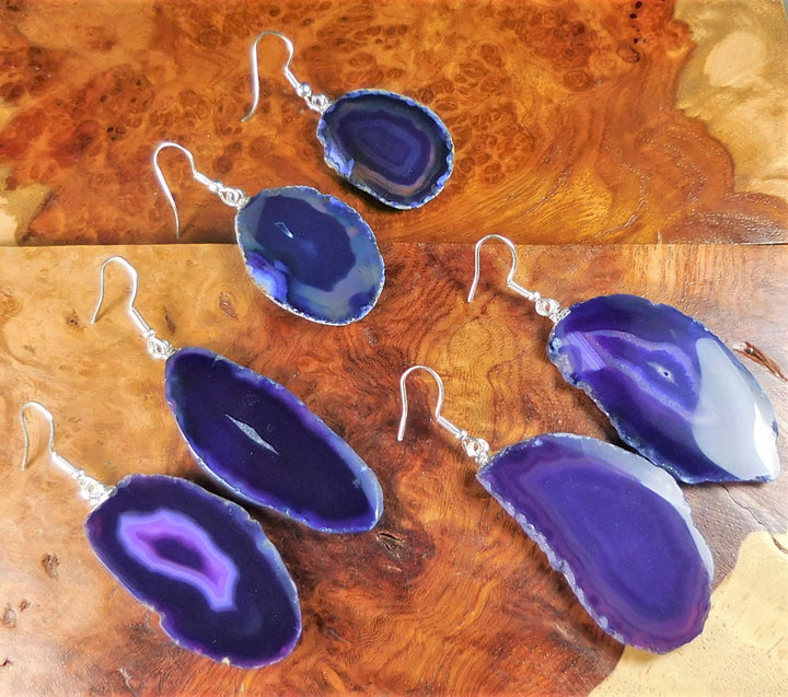 Purple Agate Slice Earrings Pair Silver Hooks