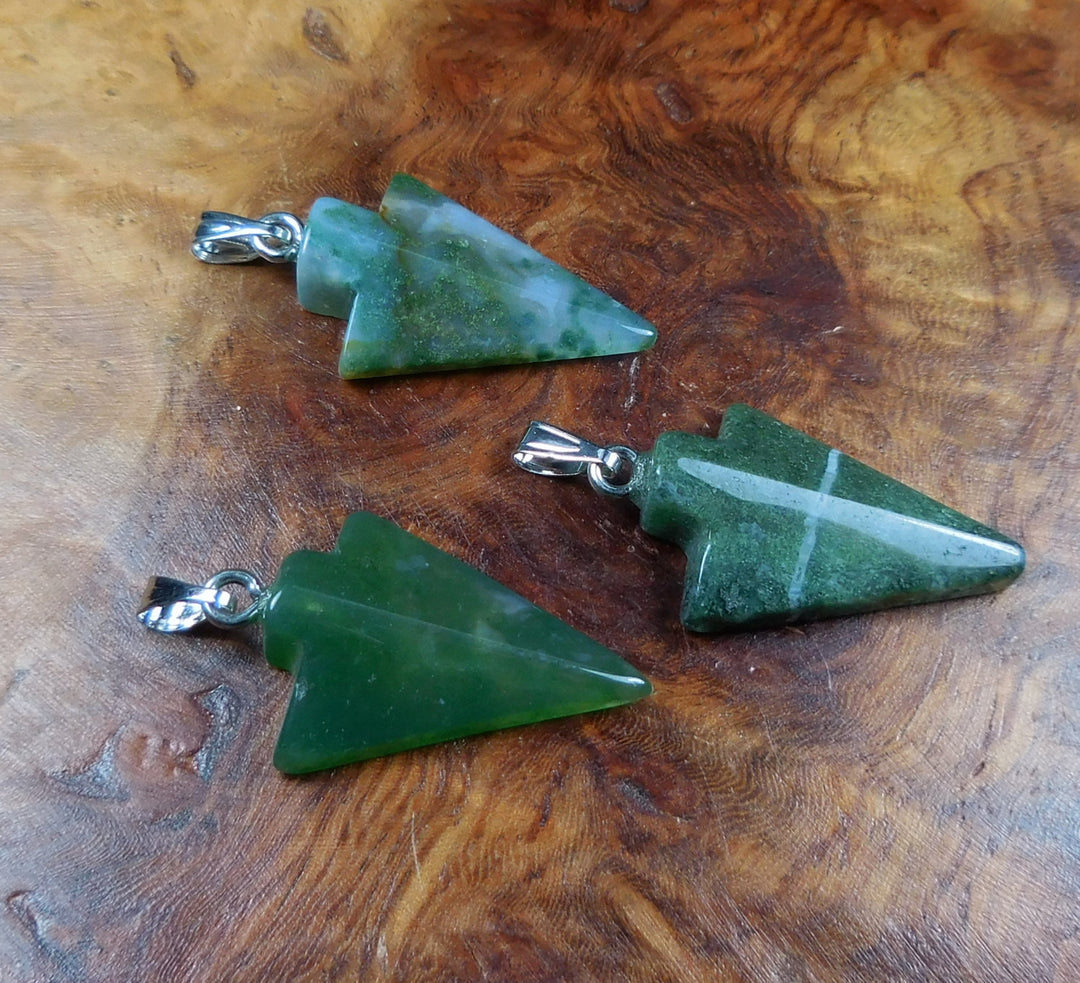 Arrowhead Necklace - Petite Green Moss Agate Pendant - Carved Arrow Charm Polished Stone Earrings (A19) Healing Crystals and Stones Jewelry