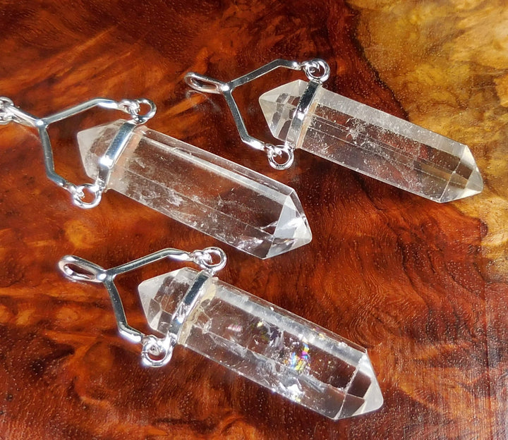 Quartz Necklace Pendant - Clear Crystal Point Silver Swivel