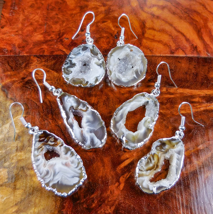 Oco Geode Slice Earrings - Druzy Crystal Slabs Silver