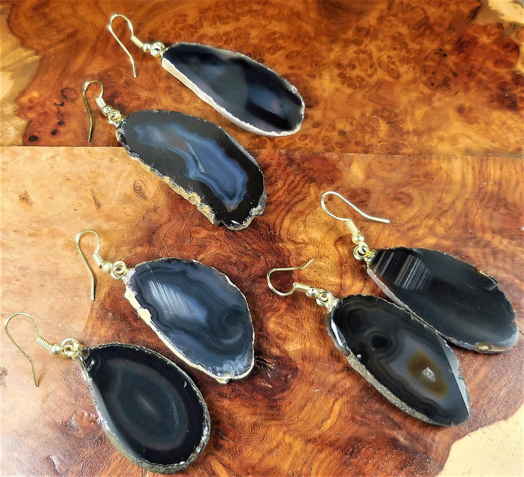 Black Agate Slice Earrings Gold Hooks
