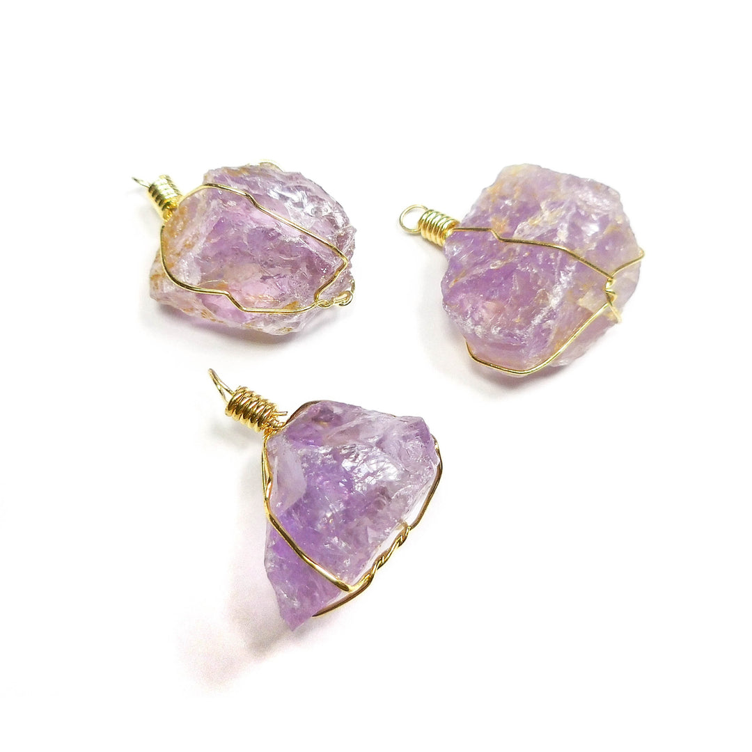 Wire Wrapped Amethyst Necklace - Purple Raw Gemstone Pendant - Natural Stone Gold Charm