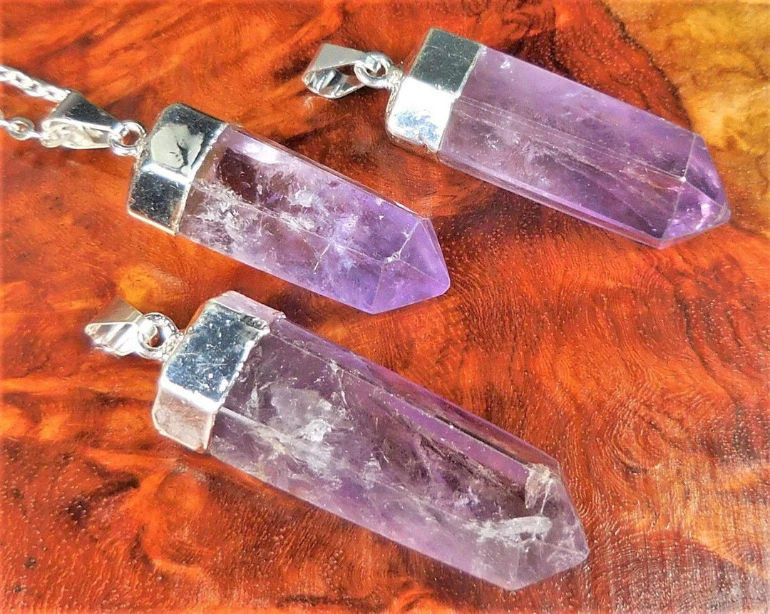 Amethyst Crystal Point Necklace Pendant - Silver