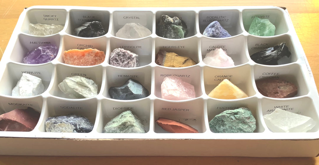 Bulk Wholesale Lot 24 Piece Flat Mixed Crystal Mineral Rock Collection Labeled Rough Raw Stones Gift Set