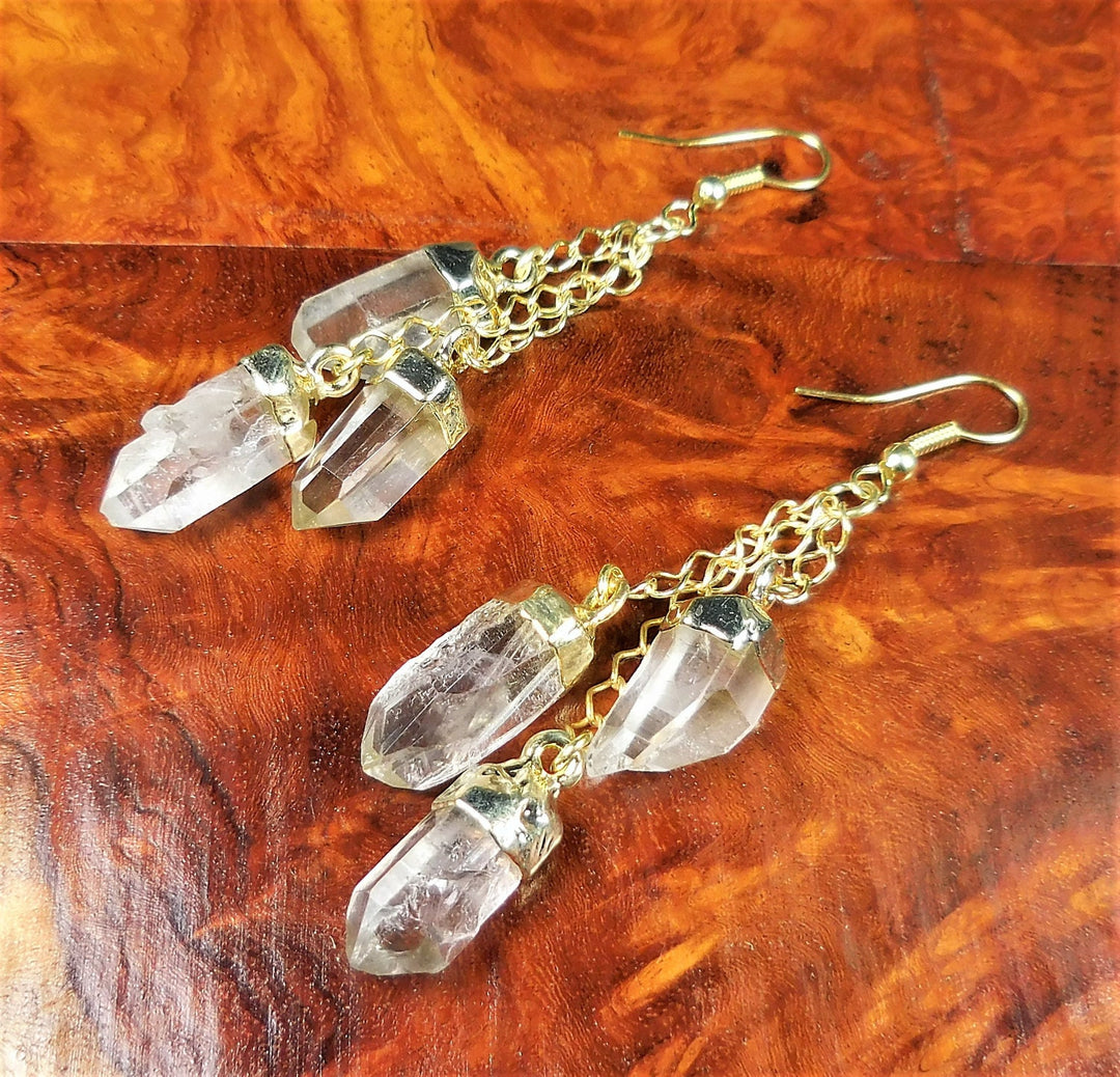 Quartz Crystal Point Long Dangle Gold Plated Earrings Pair Jewelry Healing Crystals And Stones