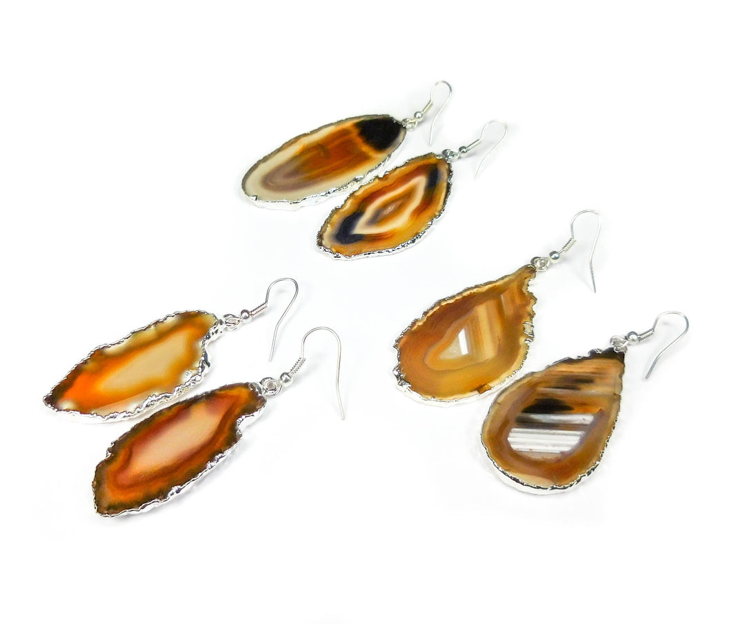 Natural Brown Agate Slice Earrings Pair Silver Hooks and Edges CR10 Healing Crystals And Stones
