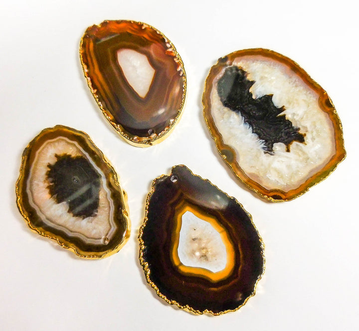 Drilled Agate Slice Gold Plated ( 3 - 4 inches ) Brown / Black 2mm Hole
