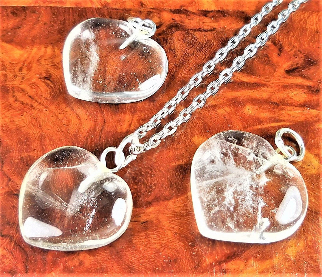 Quartz Crystal Heart Necklace - Clear Carved Gemstone Pendant - Petite Puffy Hearts (A5) Healing Crystals Natural Stone Jewelry
