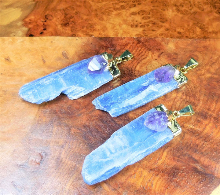 Kyanite Amethyst Crystal Point Pendant Gold Plated Necklace Charm Healing Crystals and Stones Jewelry