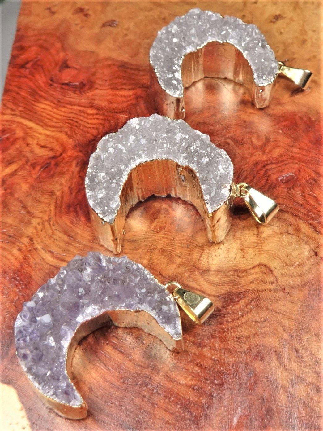 Bulk Wholesale Lot (5 Pcs) Druzy Crystal Crescent Moon Pendants - Gold
