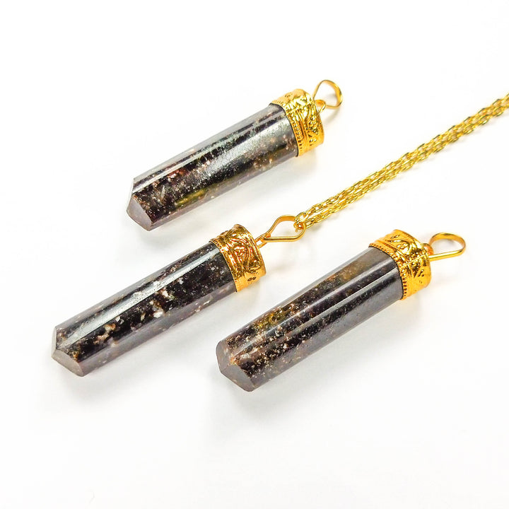 Garnet Crystal Point Necklace Pendant - Embossed Gold