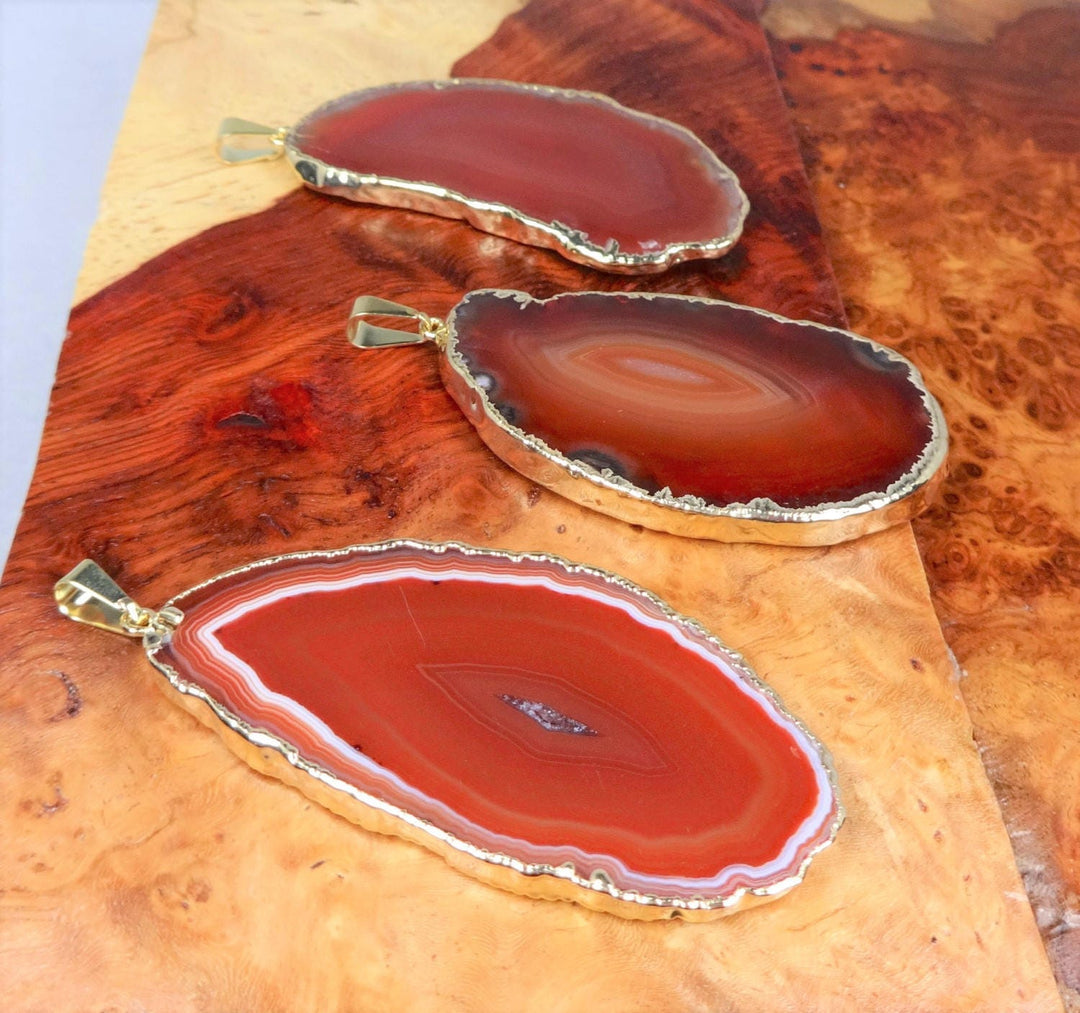 Red Agate Slice Necklace - Natural Crystal Slab Pendant - Gold Plated Gemstone