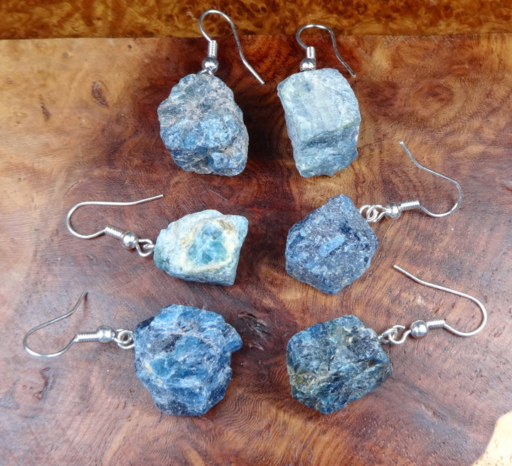 Apatite Earrings - Blue Gemstone Earring Set - Raw Crystal Jewelry - Silver Hooks Healing Crystals Rough Stones