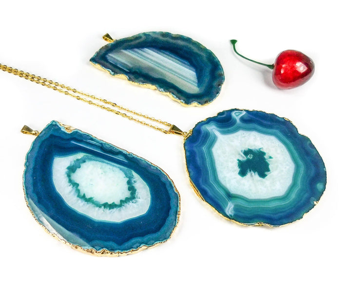 Agate Slice Necklace - Extra Large Teal Crystal Slab Pendant - XL Gold Plated Gemstone Jewelry