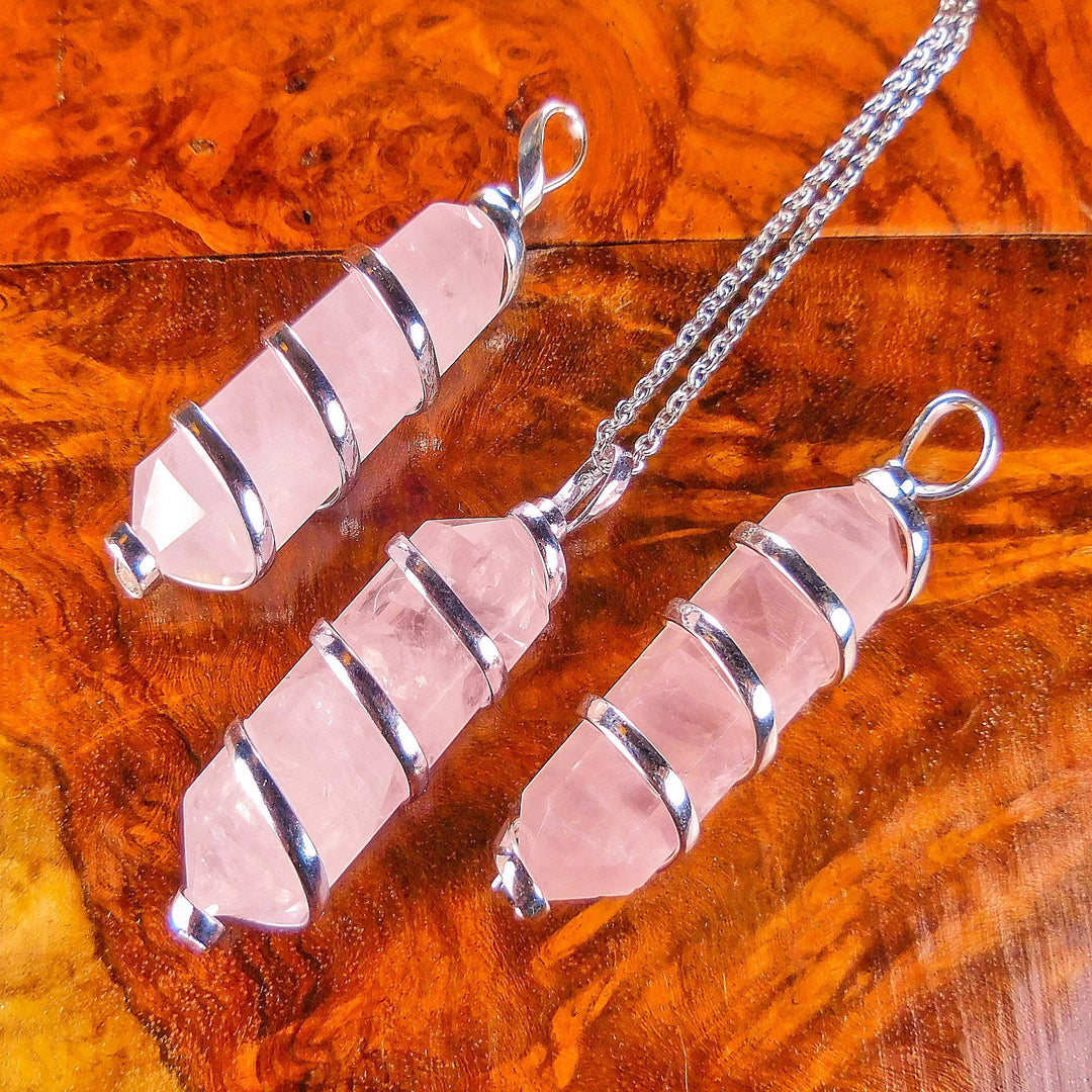 Rose Quartz Necklace Penadnt - Silver Wire Wrapped