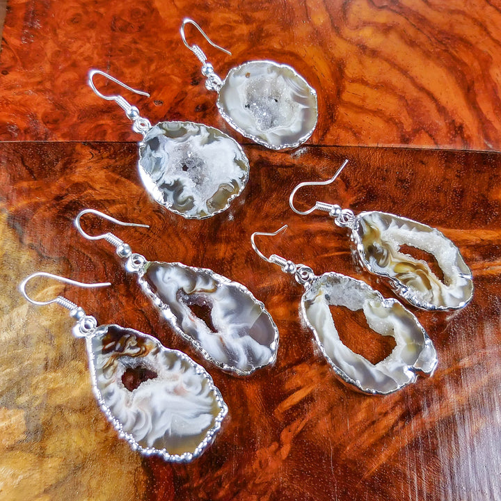 Oco Geode Slice Earrings - Druzy Crystal Slabs Silver