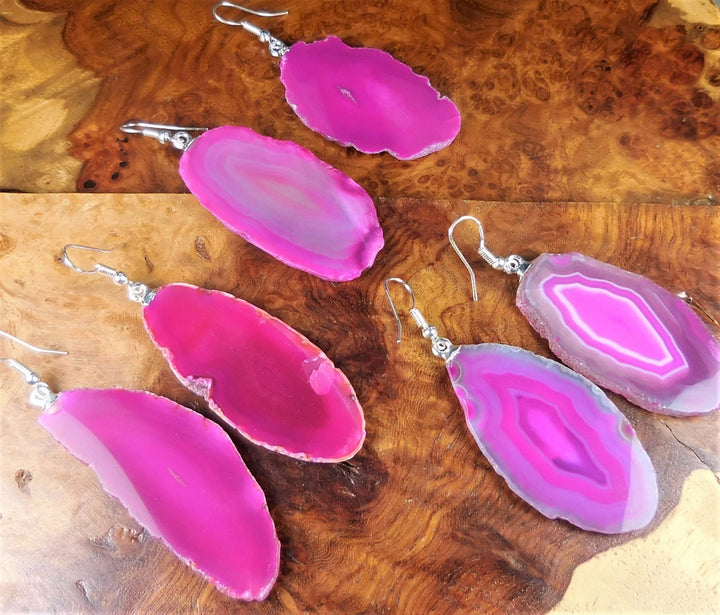 Pink Agate Slice Earrings Silver Hooks