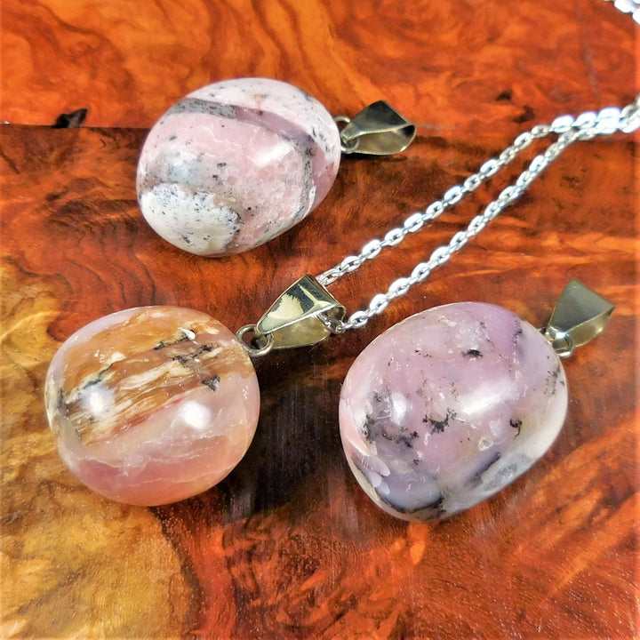Pink Opal Necklace - Large Tumbled Gemstone Pendant - Polished Crystal Charm Gemstone (A2) Healing Crystals and Stones Jewelry