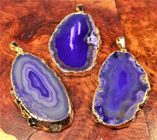 Bulk Wholesale Lot Of 5 Pieces - Purple Agate Slice Gold Plated - Pendant Charm Bead Necklace Supply