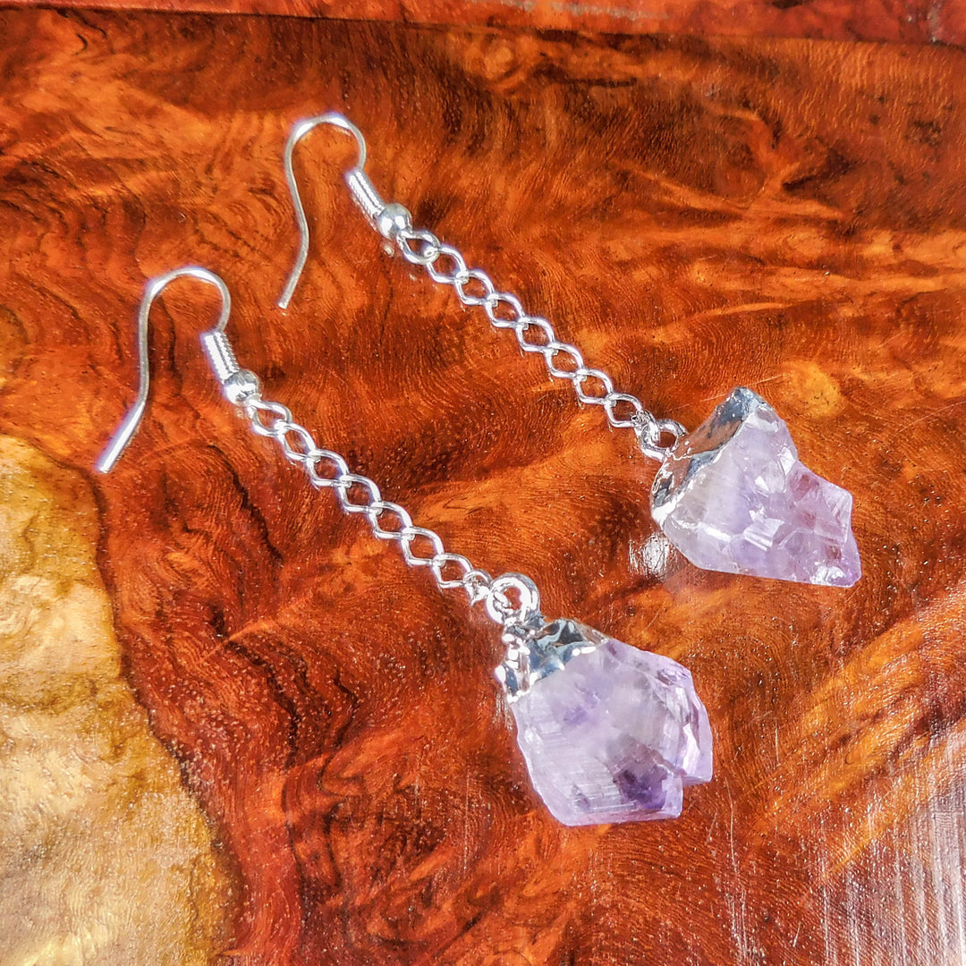 Amethyst Crystal Point Dangle Earrings Silver Chain