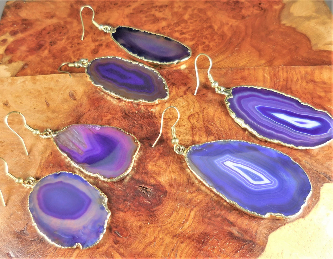 Purple Agate Slice Earrings Gold