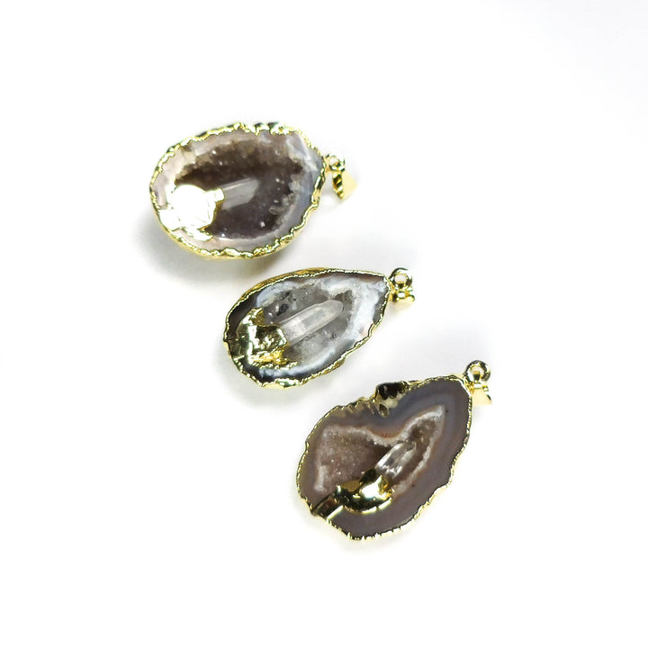 Oco Geode with Quartz Point Necklace - Gold Dipped Natural Gemstone Pendant - Druzy Crystal Cut Geode Half