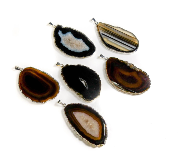 Bulk Wholesale Lot Of 5 Pieces Black Agate Slice Pendant Silver Plated Necklace Charm Bead Supply