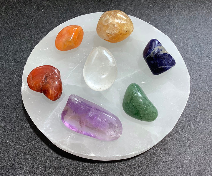 7 Stone Chakra Set Selenite Circle Plate Reiki Charging Healing Crystals