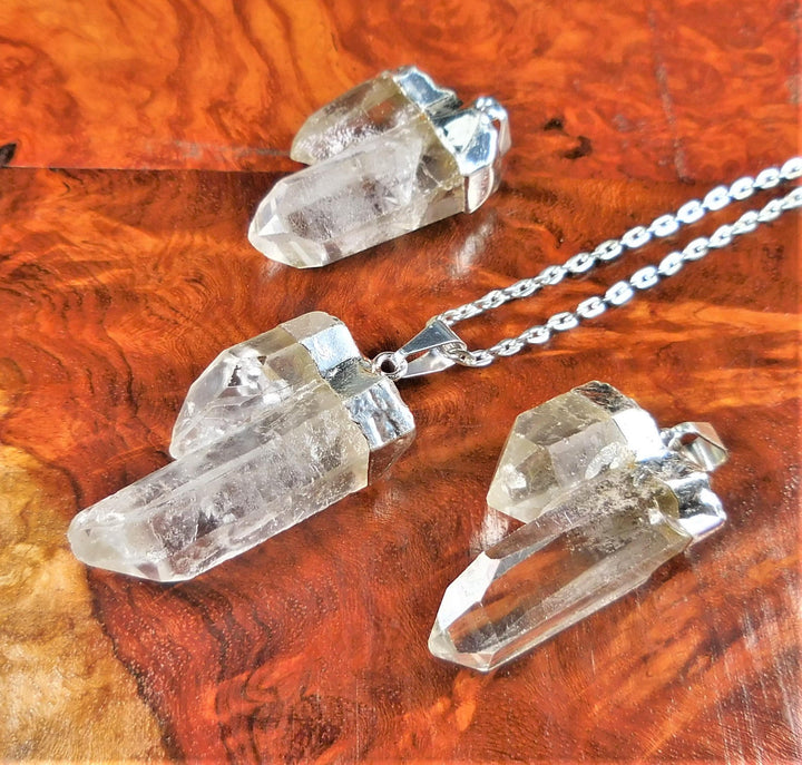 Quartz Double Crystal Point Necklace Pendant CR27 Silver