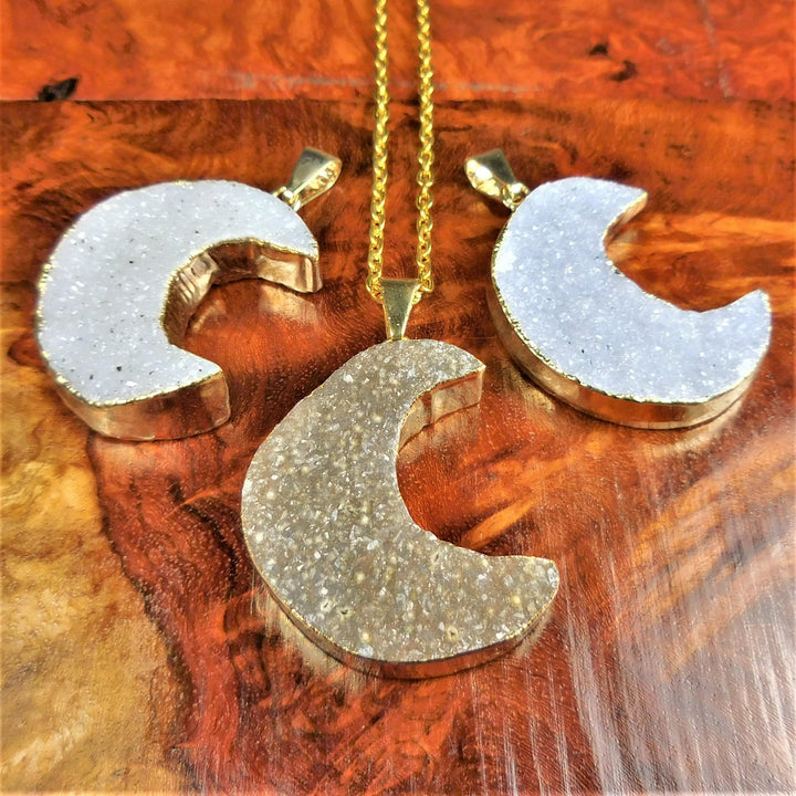 Bulk Wholesale Lot (5 Pcs) Druzy Crystal Crescent Moon Pendants - Gold