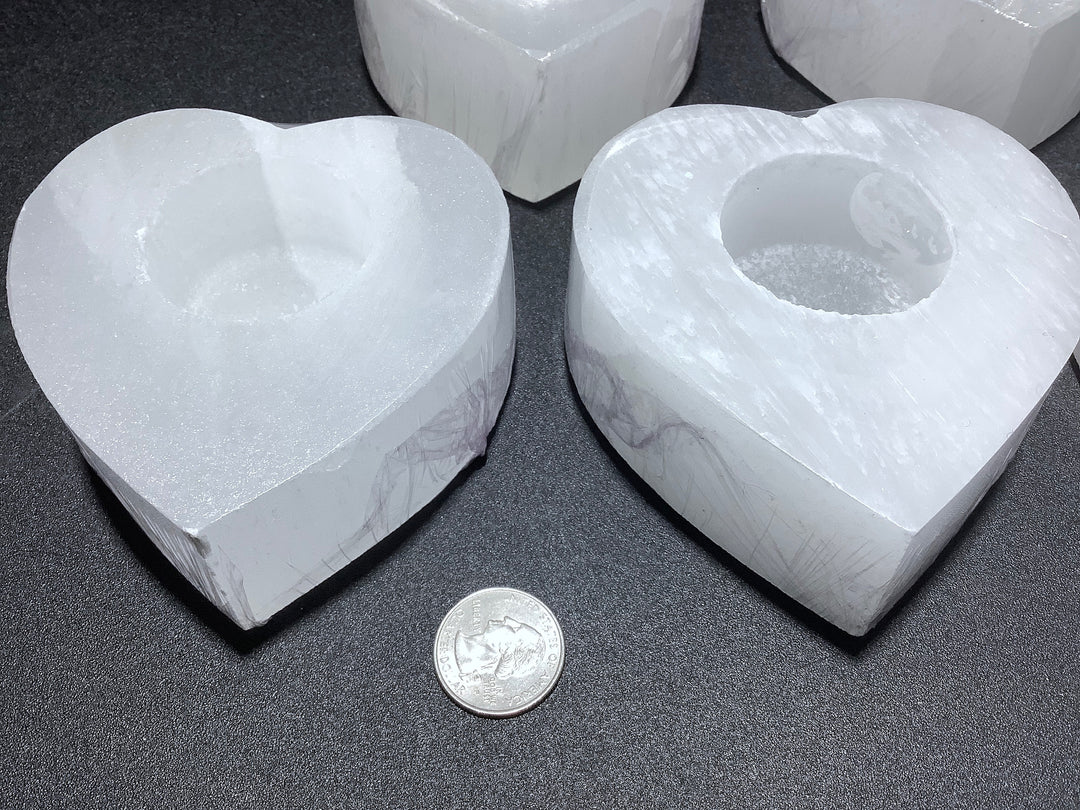 Selenite Crystal Heart Tealight Candle Holder - Carved Gemstone Candles - Polished Natural