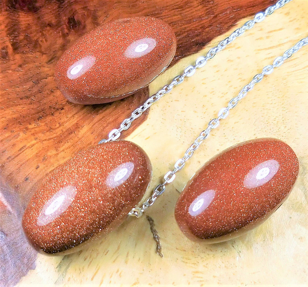 Red Goldstone Necklace - Polished Oval Egg Gemstone Bead Pendant