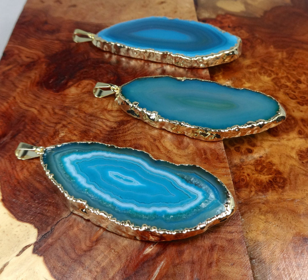 Agate Slice Necklace - Teal Crystal Pendant - Natural Gemstone Slab Gold Plated Jewelry