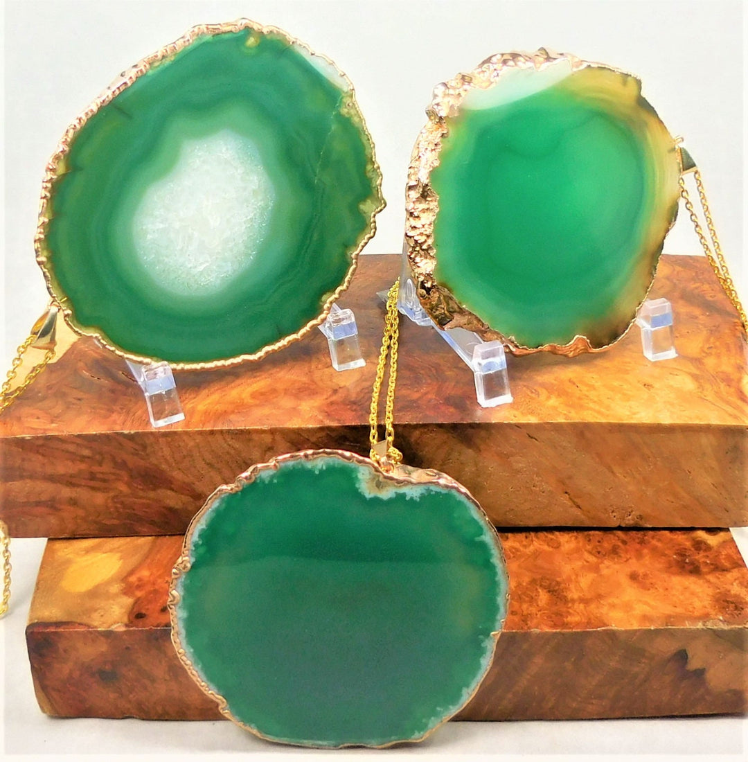 Agate Slice Necklace Pendant - Large Green Crystal Slab - Gold